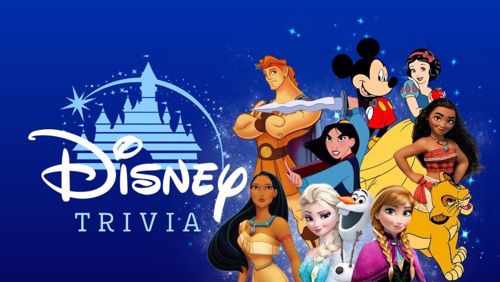 A collage of the Disney characters Mulan, Pocahontas, Hercules, Mickey Mouse, Snow White, Moana, Simba, Elsa, Anna and Olaf with the classic Disney castle logo. Graphic text reads: Disney Movies Trivia.